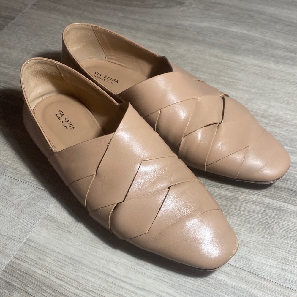 Via Spiga Nude Leather Woven Slip-On Loafers